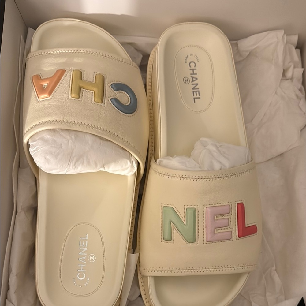 Chanel Cream Sandals with Pastel Accents